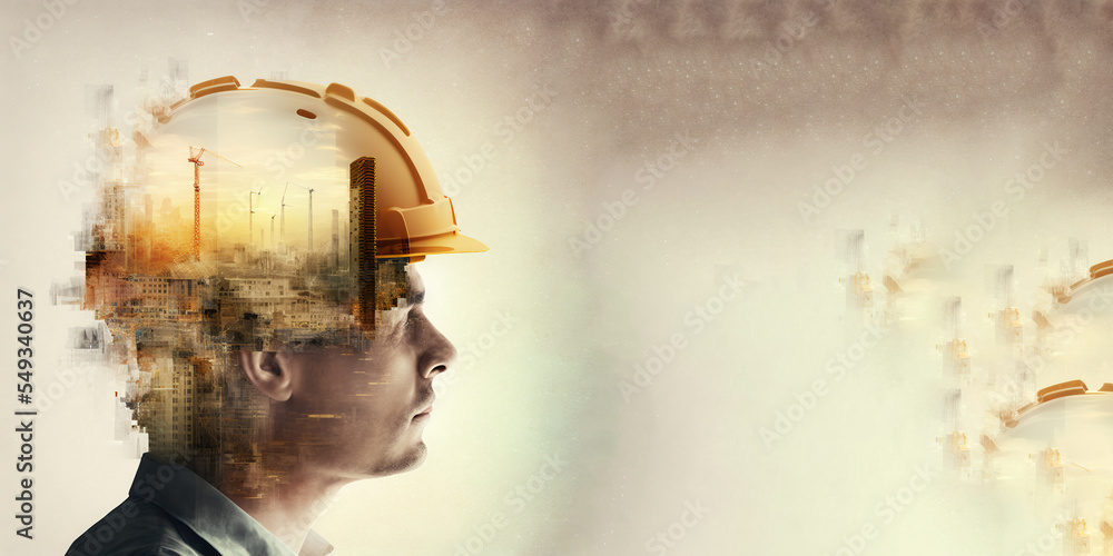 Poster future building construction engineering project devotion with double exposure graphic design. build
