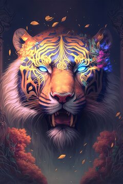 tiger in fantasy forest and glowing eyes. illustration art Stock  Illustration | Adobe Stock
