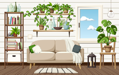Room interior with a sofa, a shelving, bookshelves, a window, and plenty of houseplants. Scandinavian interior design. Cartoon vector illustration
