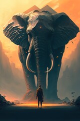 A man standing alone facing the giant elephant. illustration art