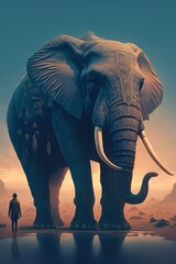 A man standing alone with the giant elephant. illustration art