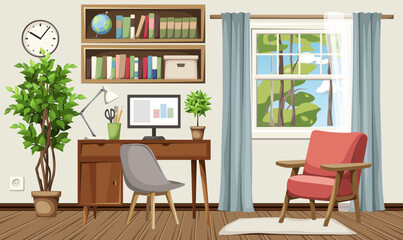 Room interior with a desk, an armchair, bookshelves, a window, and a big ficus tree. Retro interior design. Cartoon vector illustration