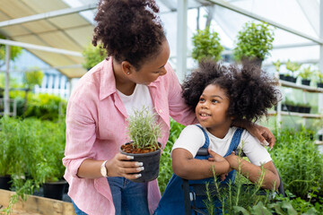 African mother and daughter is choosing vegetable and herb plant from the local garden center nursery with shopping cart full of summer plant for weekend gardening and outdoor concept