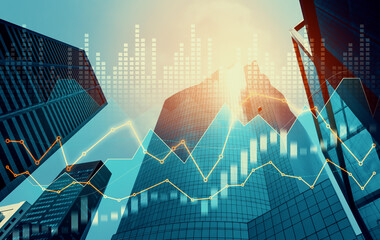 Financial graphs and digital indicators overlap with modernistic urban area, skyscrabber for stock market business concept. Double exposure.