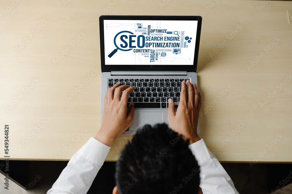 Aufkleber seo search engine optimization for modish e-commerce and online retail business showing on computer 