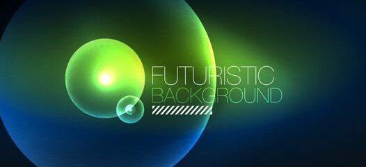 Shiny neon geometric abstract background. Glowing lights on round shapes, triangles and circles. Wallpaper for concept of AI technology, blockchain, communication, 5G, science, business