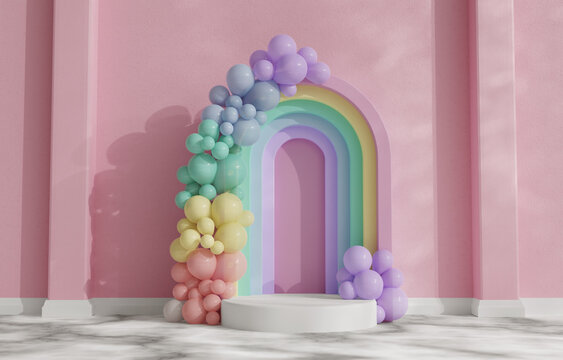 Product display rainbow balloons interior platform for product presentation mockup, podium 3D rendering