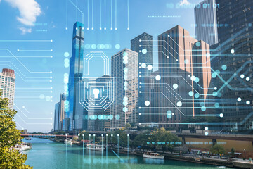 Panorama cityscape of Chicago downtown and Riverwalk, boardwalk with bridges at day time, Chicago, Illinois, USA. The concept of cyber security to protect companies confidential information