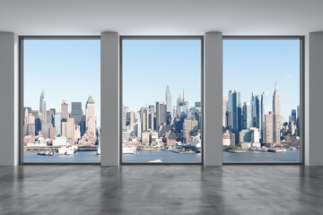 Midtown New York City Manhattan Skyline Buildings from High Rise Window. Beautiful Expensive Real Estate. Empty room Interior Skyscrapers View Cityscape. Day time. west side. 3d rendering. © VideoFlow