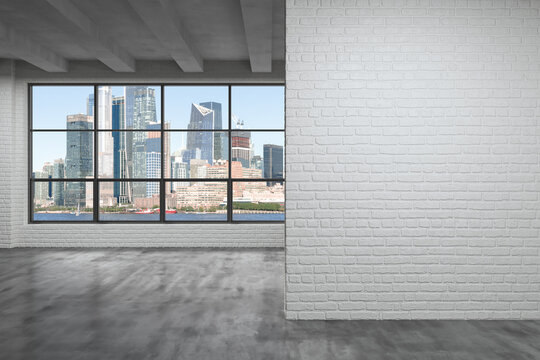 Midtown New York City Manhattan Skyline Buildings from High Rise Window. Mockup white wall. Real Estate. Empty room Interior Skyscrapers View Cityscape. Day time. Hudson Yards West Side. 3d rendering