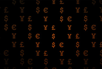Dark yellow, orange vector background with EUR, USD, GBP, JPY.