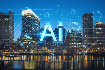Naklejka premium City view panorama of Boston downtown Harbor and Seaport Blvd at night time, Massachusetts. Hologram of Artificial Intelligence concept. AI and business, machine learning, neural network, robotics