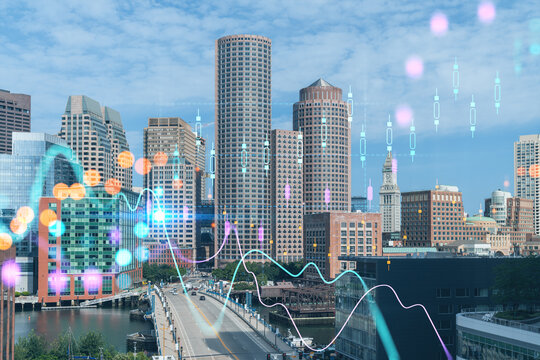 Panorama city view of Boston Harbor at day time, Massachusetts. Building exteriors of financial downtown. Glowing FOREX graph hologram. The concept of international trading and fundamental analysis