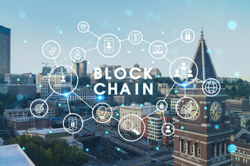 Fototapeta premium Seattle aerial skyline panorama of downtown at day time, Washington USA. Decentralized economy. Blockchain, cryptography and cryptocurrency concept, hologram