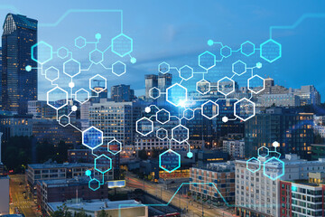 Seattle aerial skyline panorama of downtown skyscrapers at sunset, Washington USA. Decentralized economy. Blockchain, cryptography and cryptocurrency concept, hologram