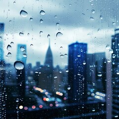 Photography of raindrops on the windows glass in focus with blured city skyline in the background