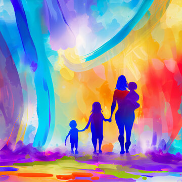 Mother and Kids Illustration in Colorful Background, Child and Mother Holding Hand Abstract Illustration