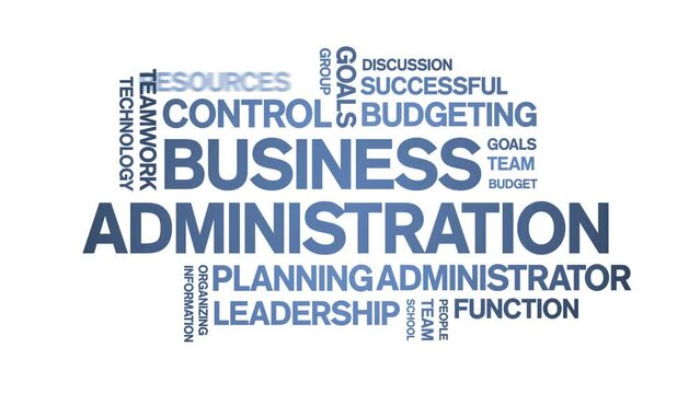 Business Administration animated tag word cloud;text design animation kinetic typography seamless loop.