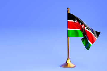 Realistic national flag of Kenya. on steel pole on blue isolated background.  Blank table flag , suitable for design, mockup. 3D illustration.