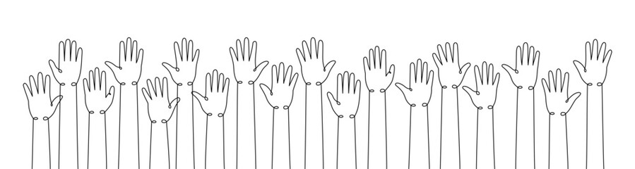 Raised hands one line continuous drawing. Collaboration, solidarity continuous one line illustration. Vector minimalist linear illustration.