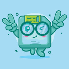 funny floppy disk character mascot with peace sign hand gesture isolated cartoon in flat style design
