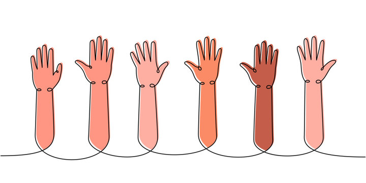 Hands raised up one line colored continuous drawing. Voting, volunteering continuous colorful one line illustration. Vector linear illustration.