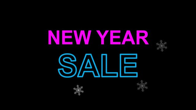 New Year's Sale. Early year discount to increase sales significantly. Attract the attention of buyers. 4k animation with neon text shapes NEW YEAR SALE on a black background.