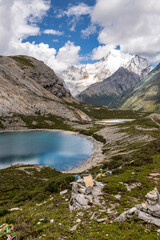Fototapeta na wymiar Vertical image of Snow mountain and Five color Lake (Wuse Hai) in Yading national reserve, Daocheng county, Sichuan province, China. Blue sky with copy space for text