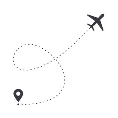 Airplane line path vector black icon. Plane flight route with start point and line trace isolated illustration
