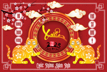 Happy lunar new year 2023, Vietnamese new year, Year of the Cat. - obrazy, fototapety, plakaty