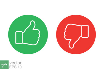 Hand thumb up and thumb down icon. Simple outline style. Green and red circle, like, positive, good, wrong, voting concept. Thin line vector illustration isolated on white background. EPS 10.