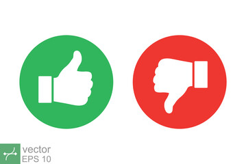 Hand thumb up and thumb down icon. Simple flat style. Green and red circle, like, unlike, positive, negative, good, bad, voting concept. Vector illustration isolated on white background. EPS 10. - obrazy, fototapety, plakaty