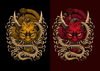 Set of oni mask evil illustration design with detail vector