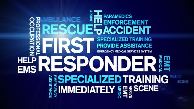 First Responder animated tag word cloud;text design animation kinetic typography seamless loop.
