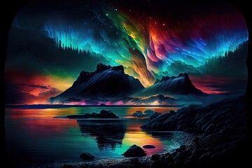 Fototapeta na wymiar Computer-generated image of colorful rainbow in Aurora Borealis (the northern lights). This natural phenomenon occurs in the skies of the norther hemisphere 