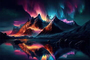 Fototapeta na wymiar Computer-generated image of colorful rainbow in Aurora Borealis (the northern lights). This natural phenomenon occurs in the skies of the norther hemisphere 