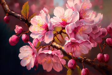 computer-generated image of floral cherry blossoms in bloom. Bright pink cherry blossom flowers macro closeup to mimic photorealism with 3D shading and natural daylight