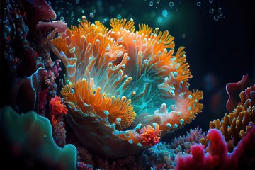 Naklejka na ściany i meble computer-generated image of bright and colorful underwater coral in the sea.. Oceanic coral reef with exotic tropical look 