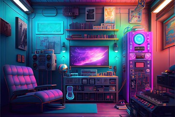 computer-generated image of interior of a colorful streaming studio. Computer technology and AV setup for professional streaming and gaming