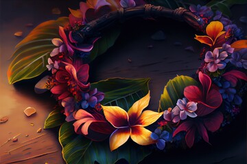 computer-generated image of a tropical floral Hawaiian lei. Traditional garment accessory of the Hawaiian islands to say aloha with bright and colorful exotic flowers native to Hawaii