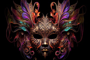 Naklejka premium Computer-generated image of an intricate Mardi Gras mask. Traditional Mardi Gras mask with ornate feathers and purple, gold, and green highlights for Fat Tuesday