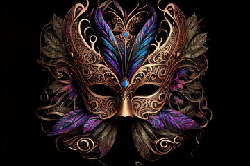 Computer-generated image of an intricate Mardi Gras mask. Traditional Mardi Gras mask with ornate feathers and purple, gold, and green highlights for Fat Tuesday
