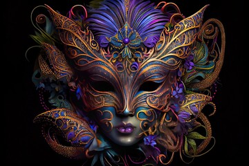 Computer-generated image of an intricate Mardi Gras mask. Traditional Mardi Gras mask with ornate feathers and purple, gold, and green highlights for Fat Tuesday - obrazy, fototapety, plakaty
