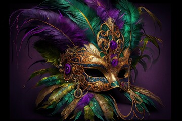 Computer-generated image of an intricate Mardi Gras mask. Traditional Mardi Gras mask with ornate feathers and purple, gold, and green highlights for Fat Tuesday - obrazy, fototapety, plakaty