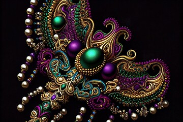 Computer-generated image of an intricate Mardi Gras beads. Traditional Mardi Gras beads with ornate...