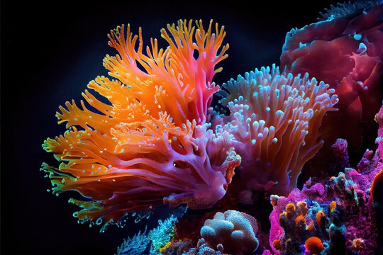 computer-generated image of bright and colorful underwater coral in the sea.. Oceanic coral reef with exotic tropical look 