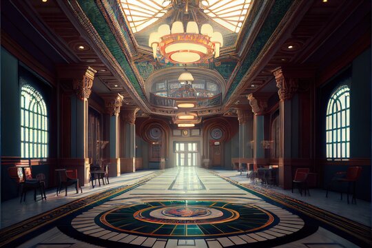 Computer-generated image of the interior of an empty casino.. Elegant and spacious inside this classic architectural building. Fictional building does not exist - created by AI