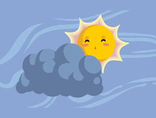 Cartoon Sun Hiding Behind a Cloud Vector Weather Illustration. Gloomy day during cold season with scared fearful sun

