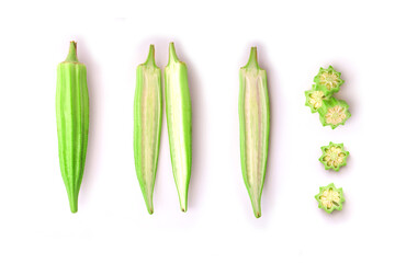 Fresh okra with slice isolated on white background , top view , flat lay.