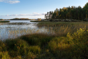 View of Lake Ladoga near the village Lumivaara on a sunny autumn day, Ladoga skerries, Republic of Karelia, Russia